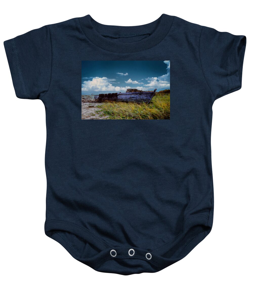 Beach Baby Onesie featuring the digital art Boat on the beach by Cathy Anderson