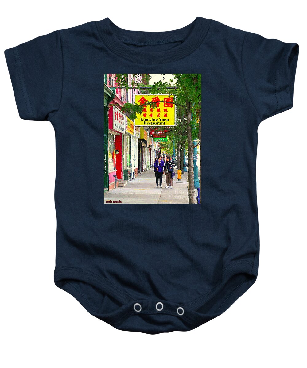 Toronto Baby Onesie featuring the painting Chinatown Summer Stroll Near Kensington Market Kom Jug Yuen Restaurant Toronto Paintings Cspandau by Carole Spandau