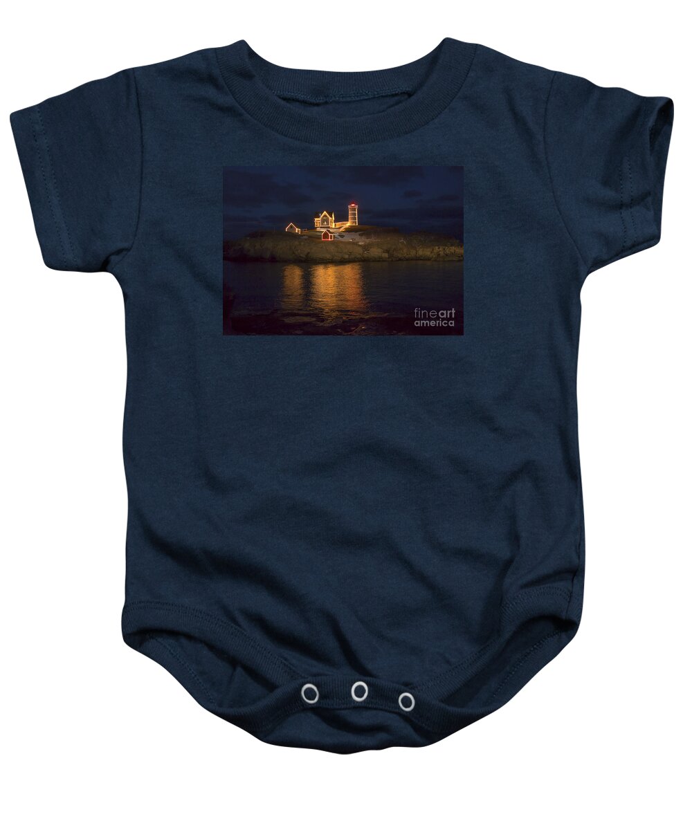 Atlantic Baby Onesie featuring the photograph Christmas at the Nubble by Steven Ralser