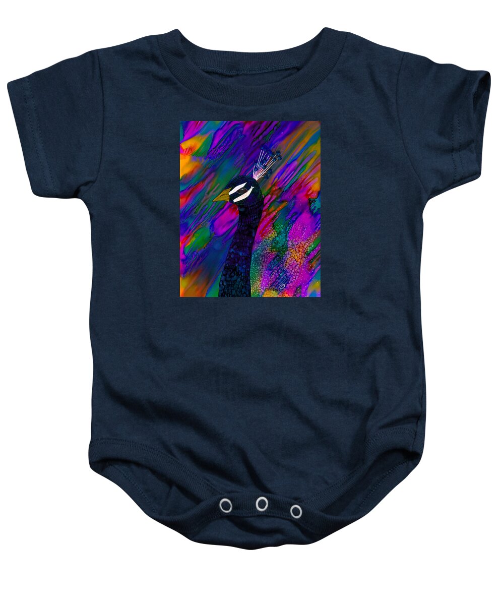 Peacock Baby Onesie featuring the painting Fancy That by Eli Tynan