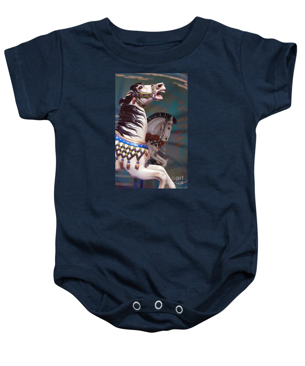 Carousel Baby Onesie featuring the photograph fantasy carousel horses - Dynamic Duo by Sharon Hudson