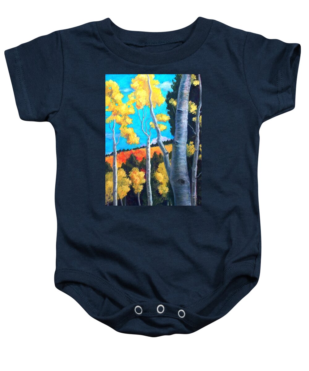 Plein Air Baby Onesie featuring the painting Golden Aspens Turquoise Sky by Marian Berg