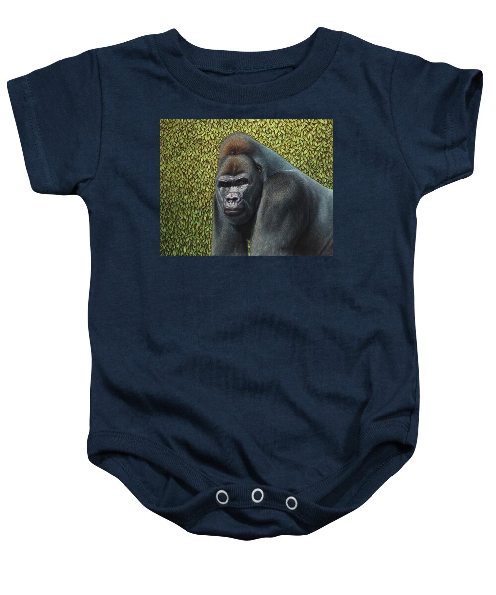 Gorilla Baby Onesie featuring the painting Gorilla with a Hedge by James W Johnson
