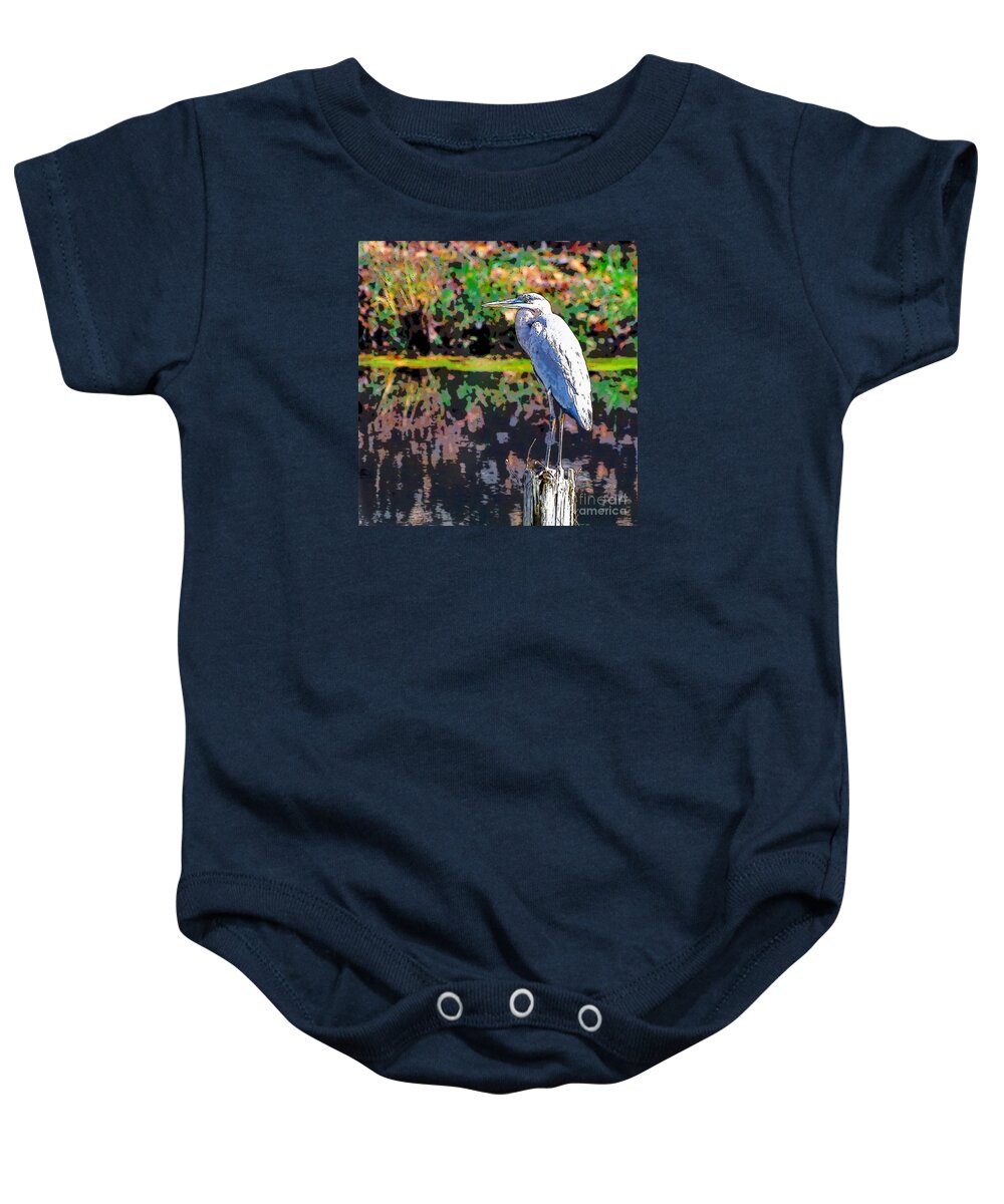 Great Blue Heron Baby Onesie featuring the photograph Great Blue Heron at the pond by Kerri Farley