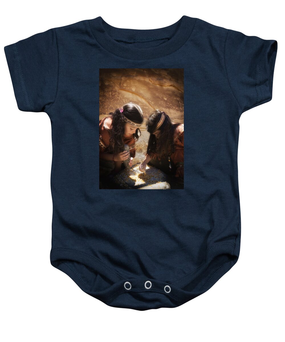 Ancient Baby Onesie featuring the photograph Grinding Corn by Betty Depee