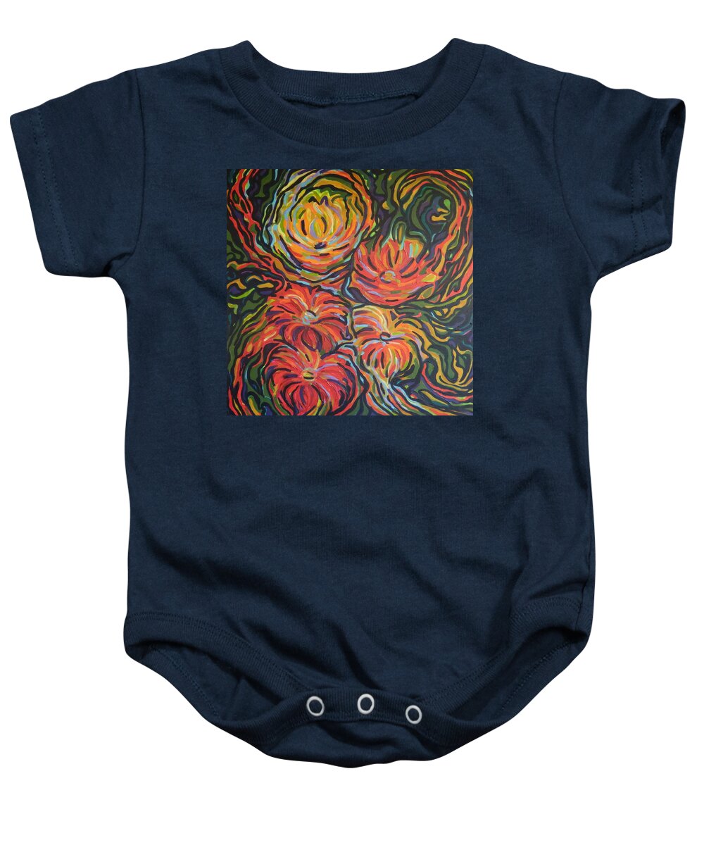Zinnias Baby Onesie featuring the painting In full bloom by Zofia Kijak