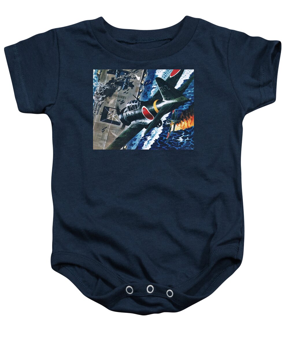 Japanese Baby Onesie featuring the painting Japanese Suicide Attack On American by Wilf Hardy