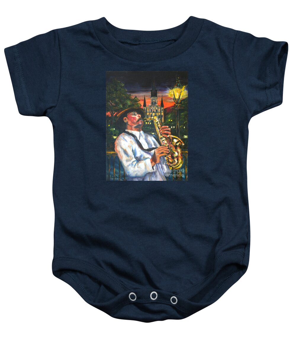 Jazz Baby Onesie featuring the painting Jazz by Street Lamp by Beverly Boulet