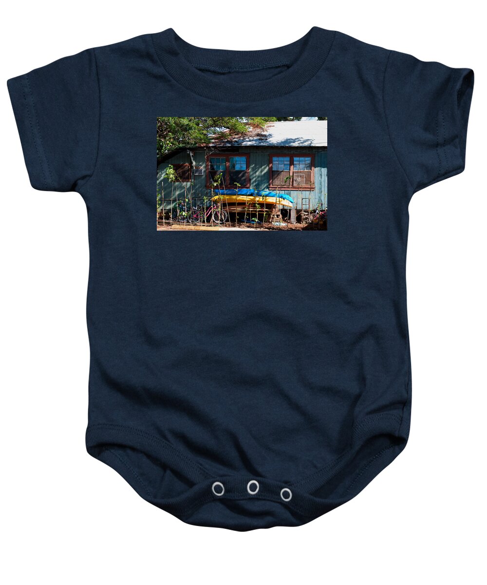 Popular Baby Onesie featuring the photograph Kayaks Surfboards and Bikes - The Good Life by Paulette B Wright