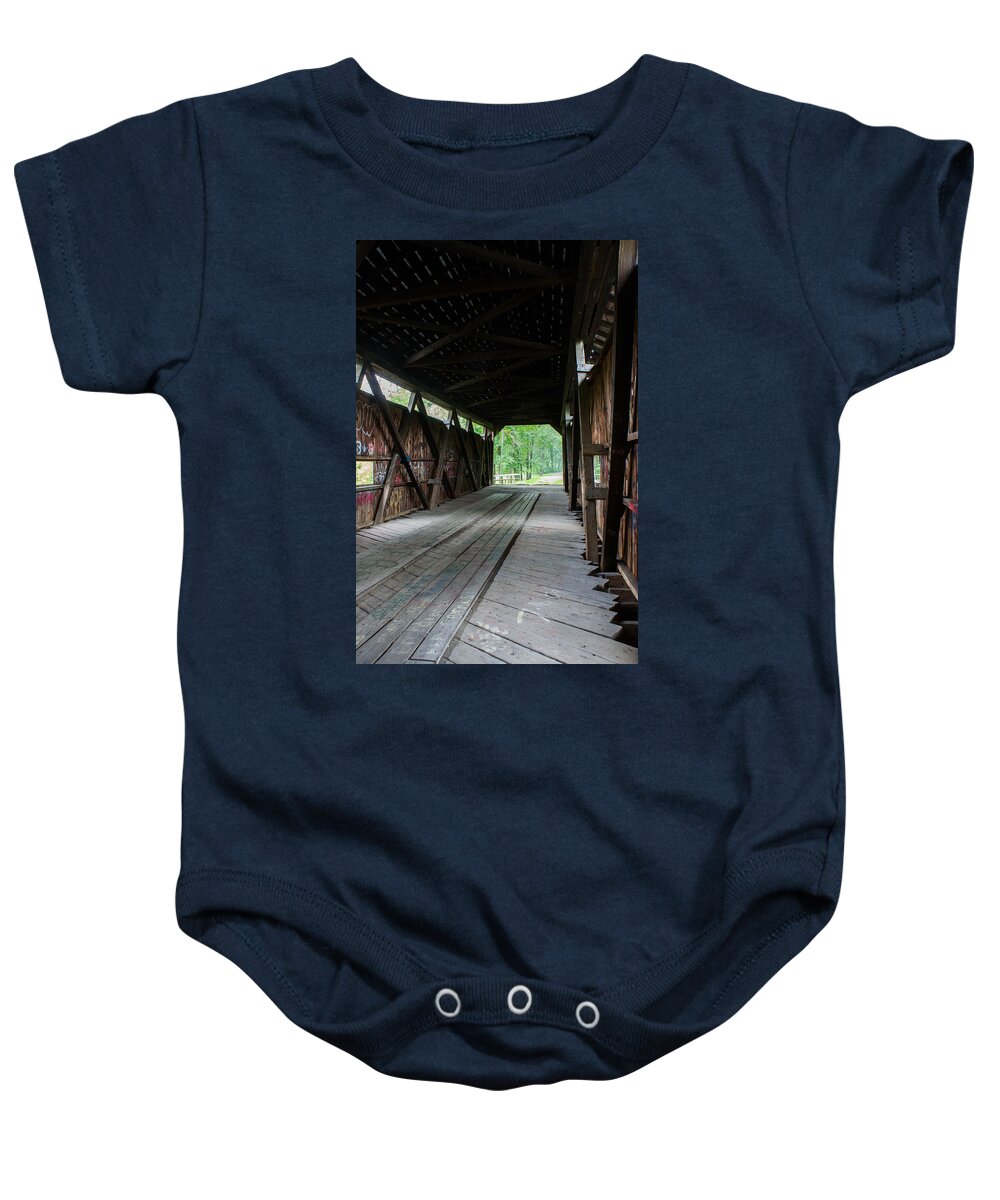 Covered Baby Onesie featuring the photograph Kidd's Mill Covered Bridge by Weir Here And There