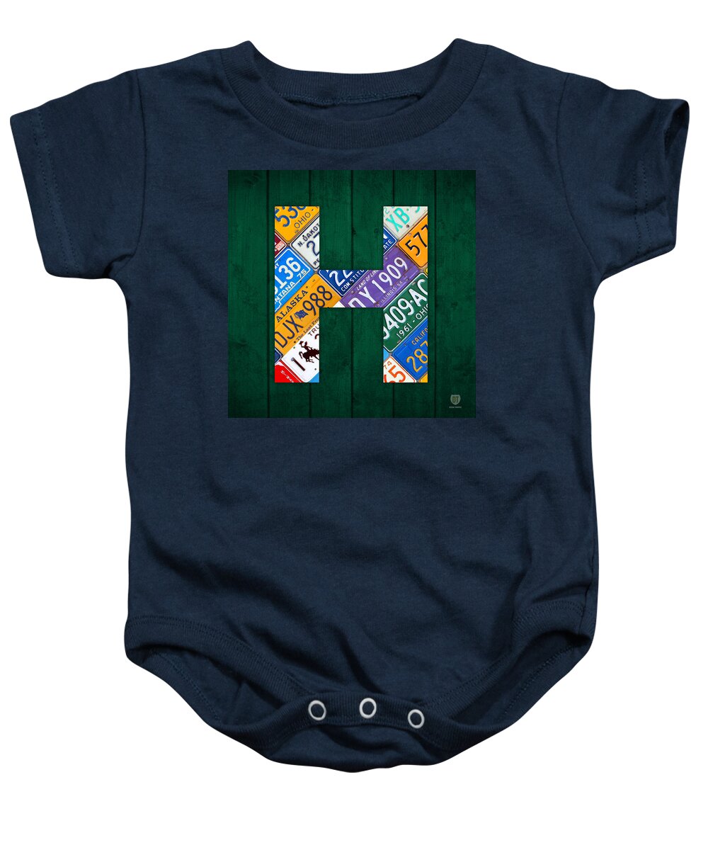 Letter Baby Onesie featuring the mixed media Letter H Alphabet Vintage License Plate Art by Design Turnpike