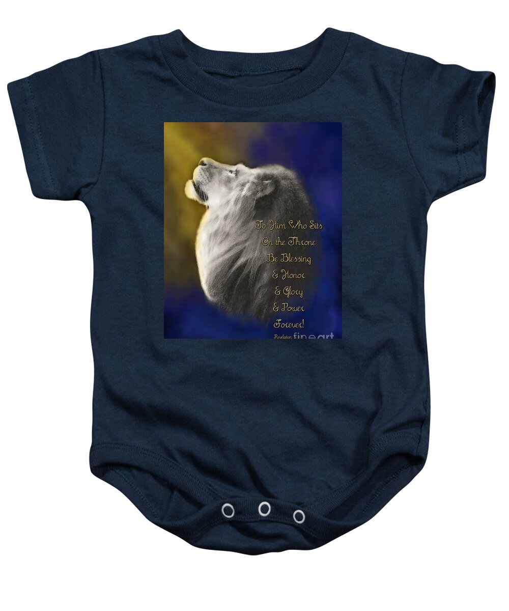 Lion Of Judah Baby Onesie featuring the digital art Lion Adoration by Constance Woods