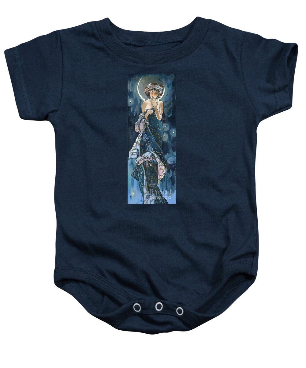 1902 Baby Onesie featuring the painting My Acrylic Painting As An Interpretation Of The Famous Artwork Of Alphonse Mucha - Moon - by Elena Daniel Yakubovich