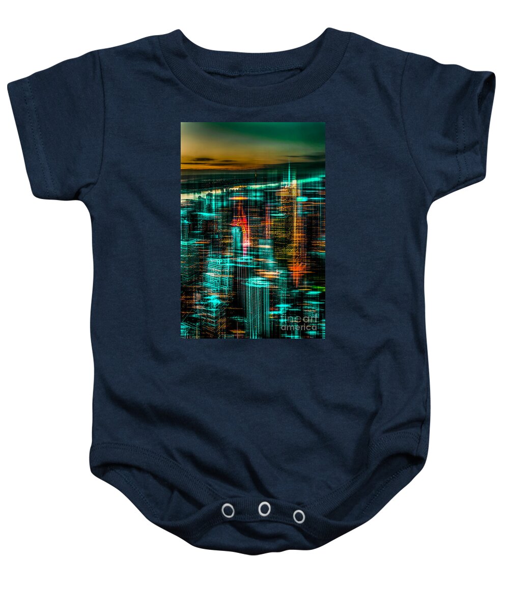 Nyc Baby Onesie featuring the photograph New York - the night awakes - green by Hannes Cmarits