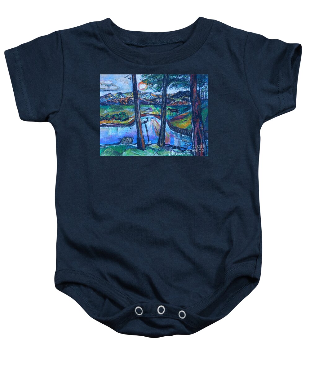 Pelican Baby Onesie featuring the painting Pelican and Moose In Landscape by Stan Esson