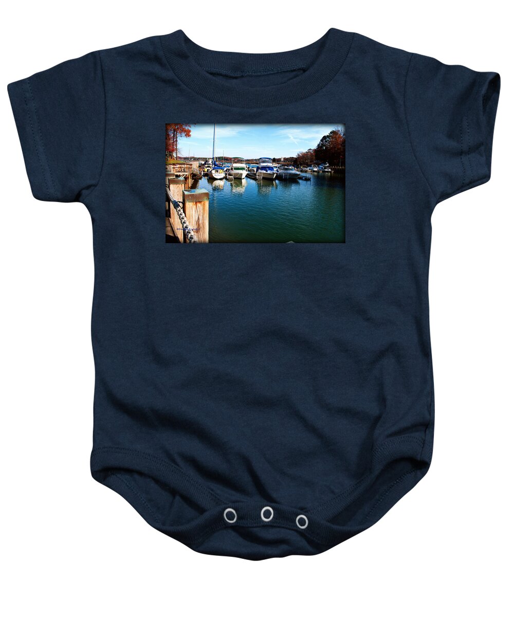 Art Baby Onesie featuring the photograph Pier Pressure - Lake Norman by Paulette B Wright