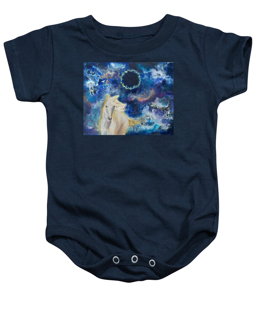 Prophetic Baby Onesie featuring the painting Prophetic Message Sketch Painting 6 Ring of Lightning White Horse by Anne Cameron Cutri