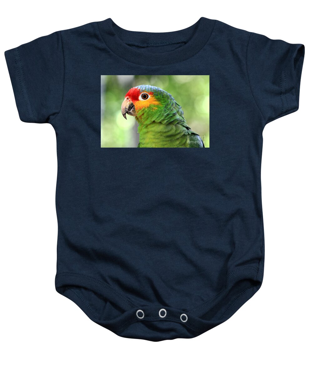 Animal Baby Onesie featuring the photograph Red-lored Amazon Parrot by Teresa Zieba
