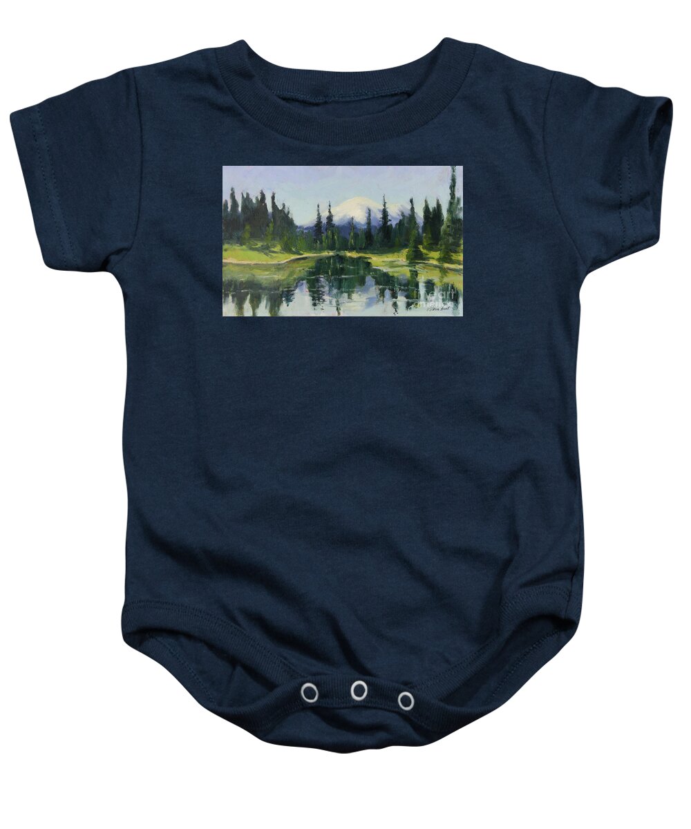 Mountain Baby Onesie featuring the painting Picnic by the Lake II by Maria Hunt