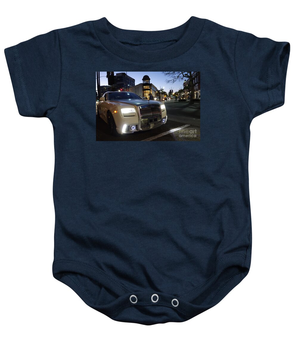 Rodeo Drive Baby Onesie featuring the photograph Rolls Royce parked at the bottom of Rodeo Drive by Nina Prommer