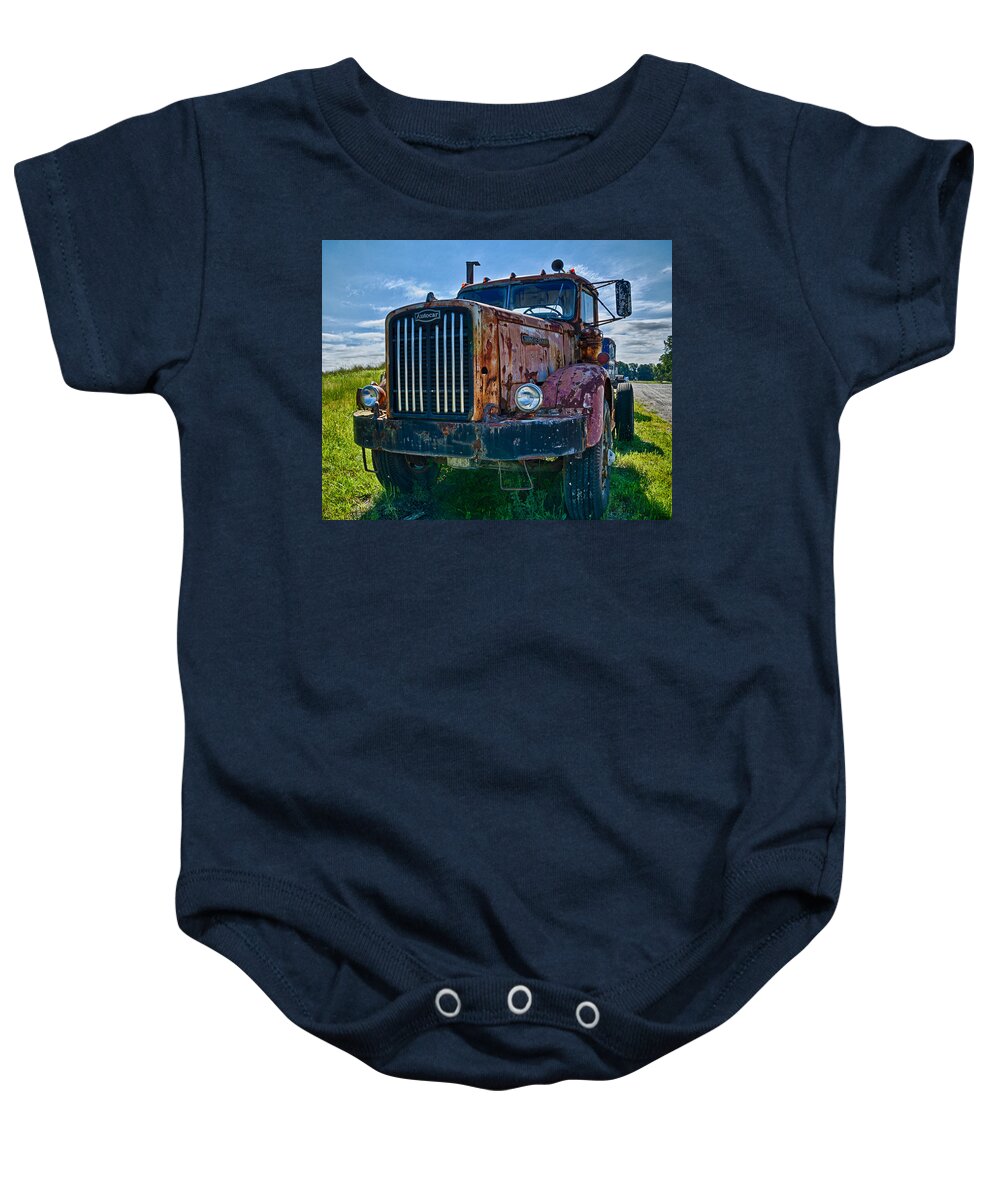 Truck Farm Baby Onesie featuring the photograph Rusty Autocar by Georgette Grossman