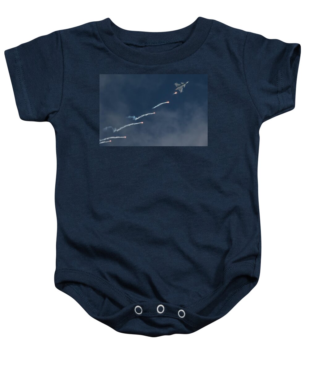 Saab Gripen C Baby Onesie featuring the photograph Six Flares by Paul Job