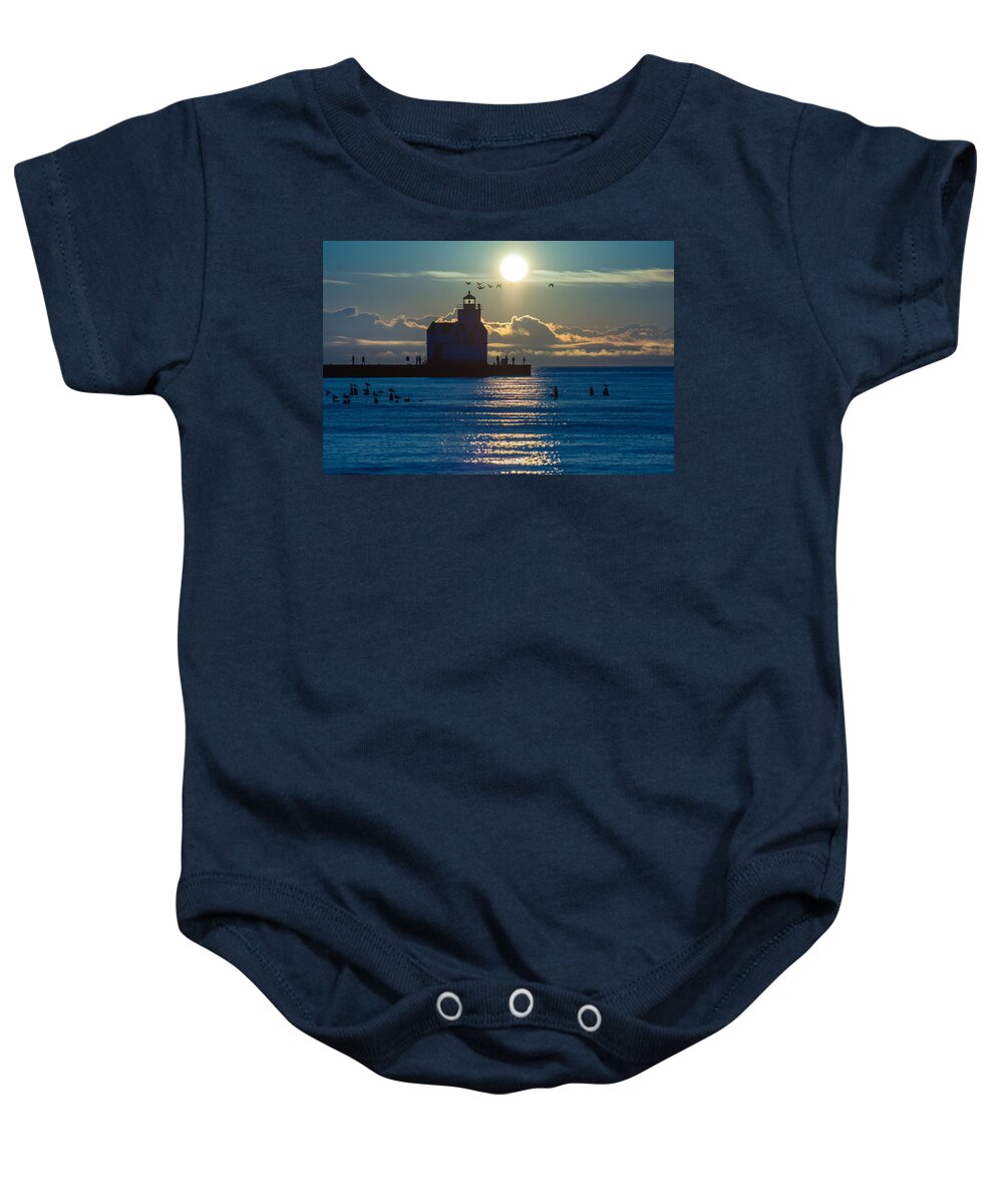 Lighthouse Baby Onesie featuring the photograph Steel Blue Sunrise by Bill Pevlor