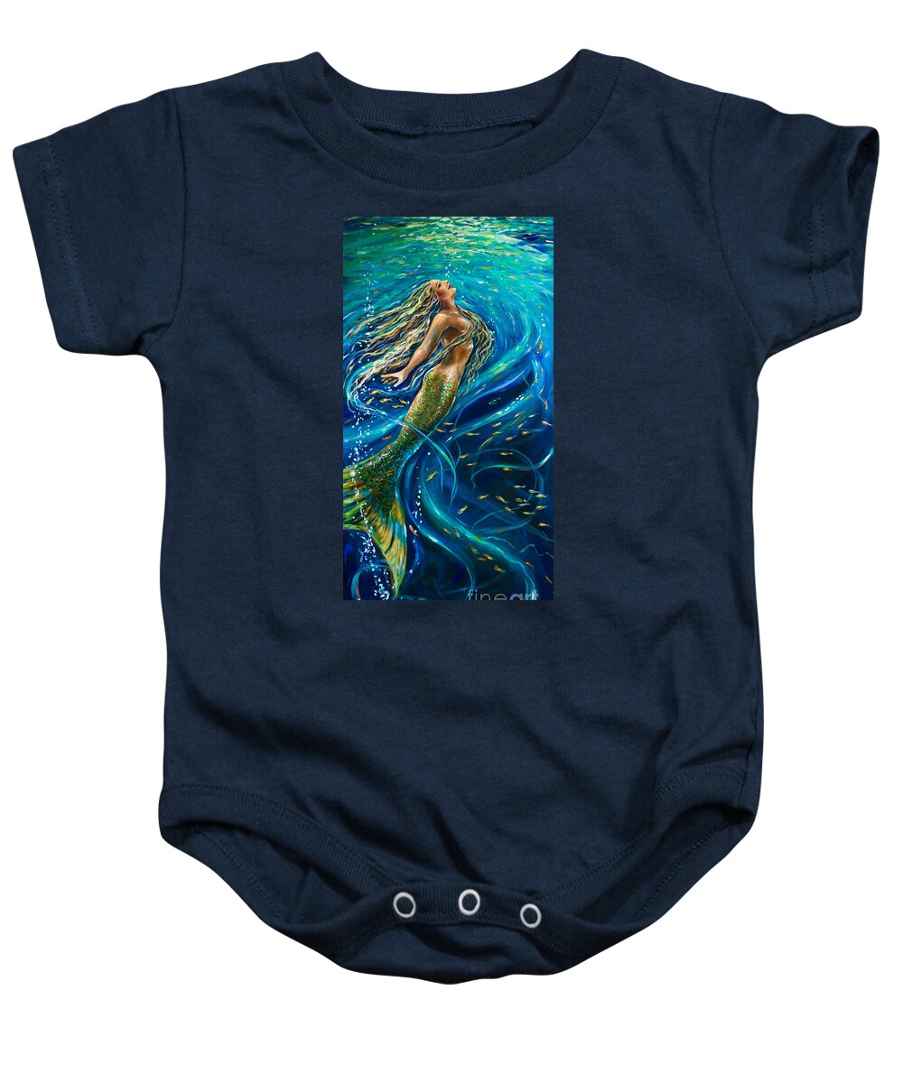 Mermaid Baby Onesie featuring the painting Swimming to the Surface by Linda Olsen