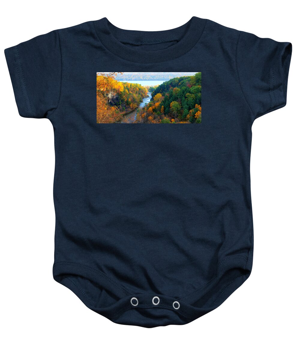 Taughannock Baby Onesie featuring the photograph Taughannock river canyon in colorful autumn Ithaca New York Panoramic Photography by Paul Ge