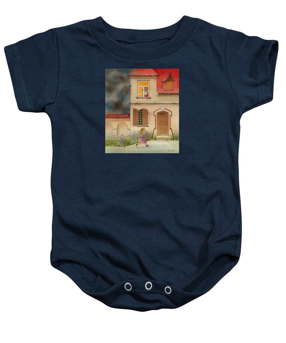 Cat Girl Fantasy Storm House Dog Red Black Street Thunderstorm Baby Onesie featuring the painting The Dream Cat 17 by Kestutis Kasparavicius