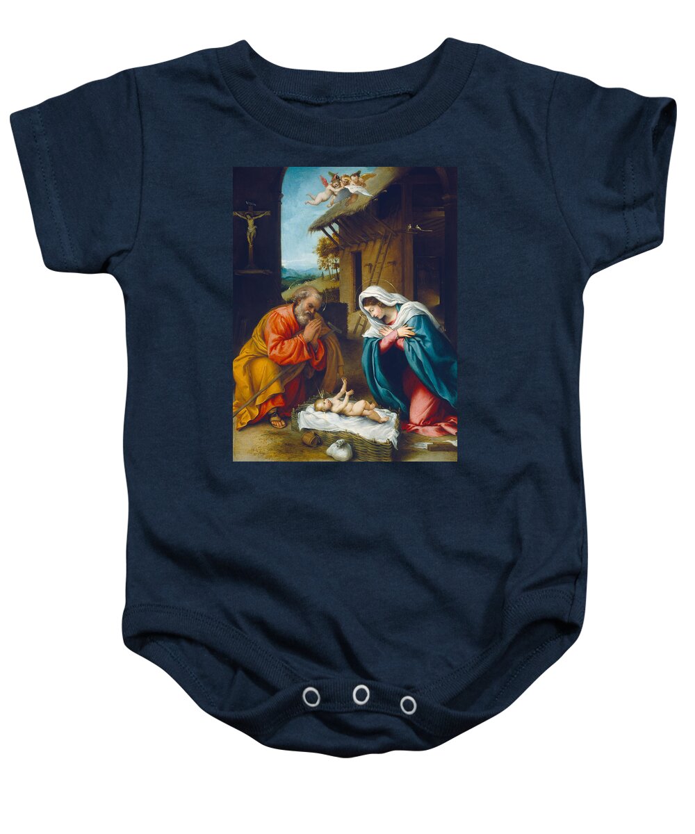 Holy Family; Joseph; Virgin Mary; New Testament; Birth; Jesus; Baby; Stable; Angels; Halo; Praying; Kneeling; Renaissance; Adoration; Boy; Female; Male; Italian; Religion; Christianity; Basket; Life Of Christ; Nativity Baby Onesie featuring the painting The Nativity 1523 by Lorenzo Lotto