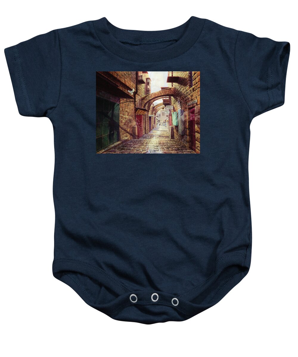 Bible Baby Onesie featuring the painting The Road to the Cross Jerusalem by Graham Braddock