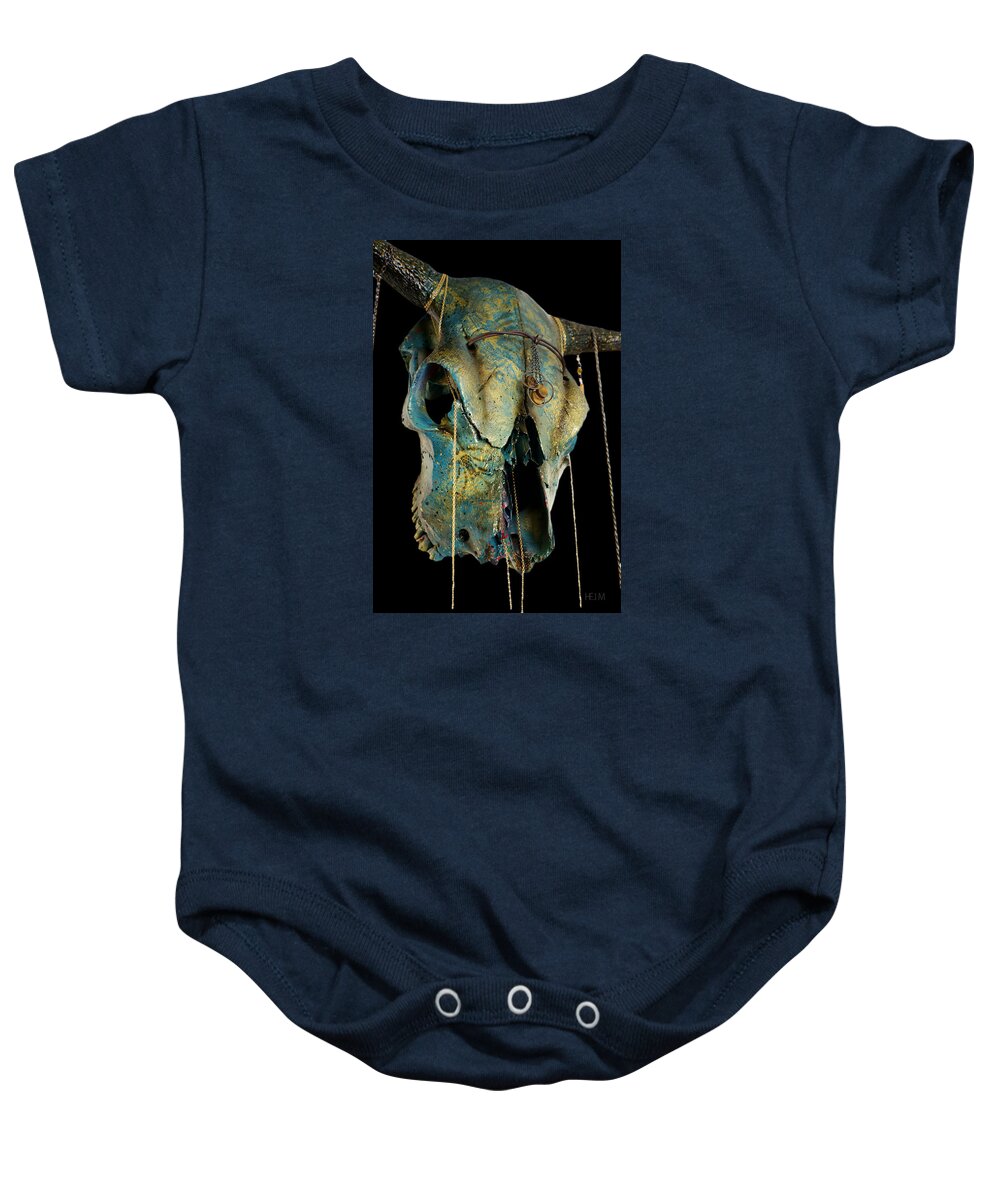  Skull Photographs Baby Onesie featuring the mixed media Turquoise and Gold Illuminating Steer Skull by Mayhem Mediums