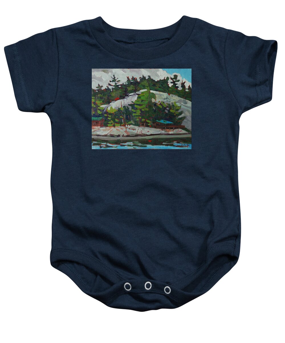 Whitefish Baby Onesie featuring the painting Whitefish River Cottages by Phil Chadwick