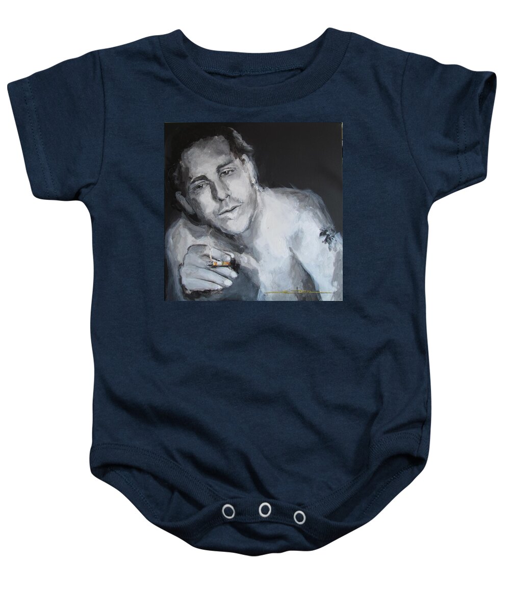 Mickey Rourke Baby Onesie featuring the drawing After the Fight- Into the Night by Eric Dee