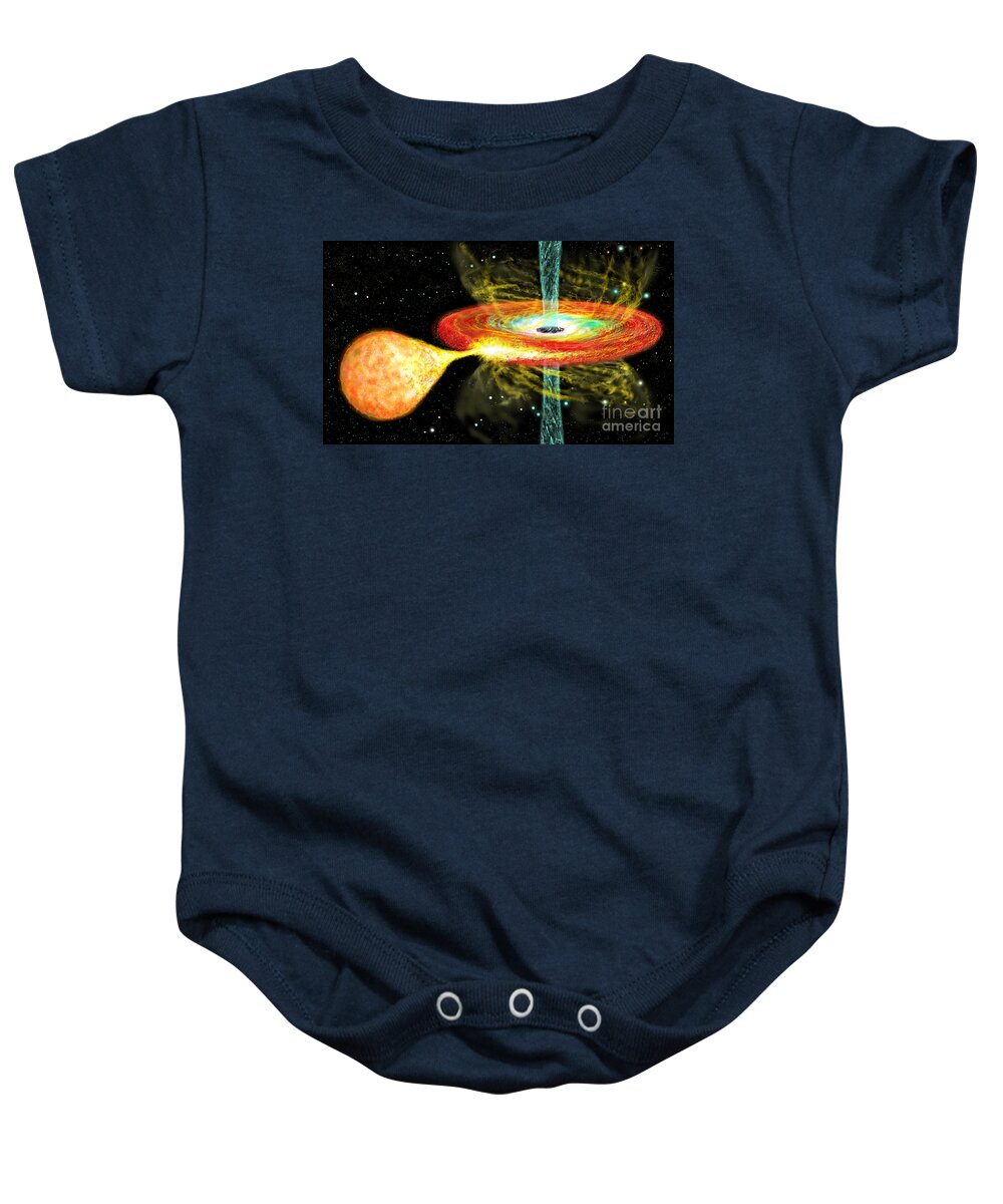 Accretion Baby Onesie featuring the digital art Black Hole with orbiting star and accretion disk by Russell Kightley