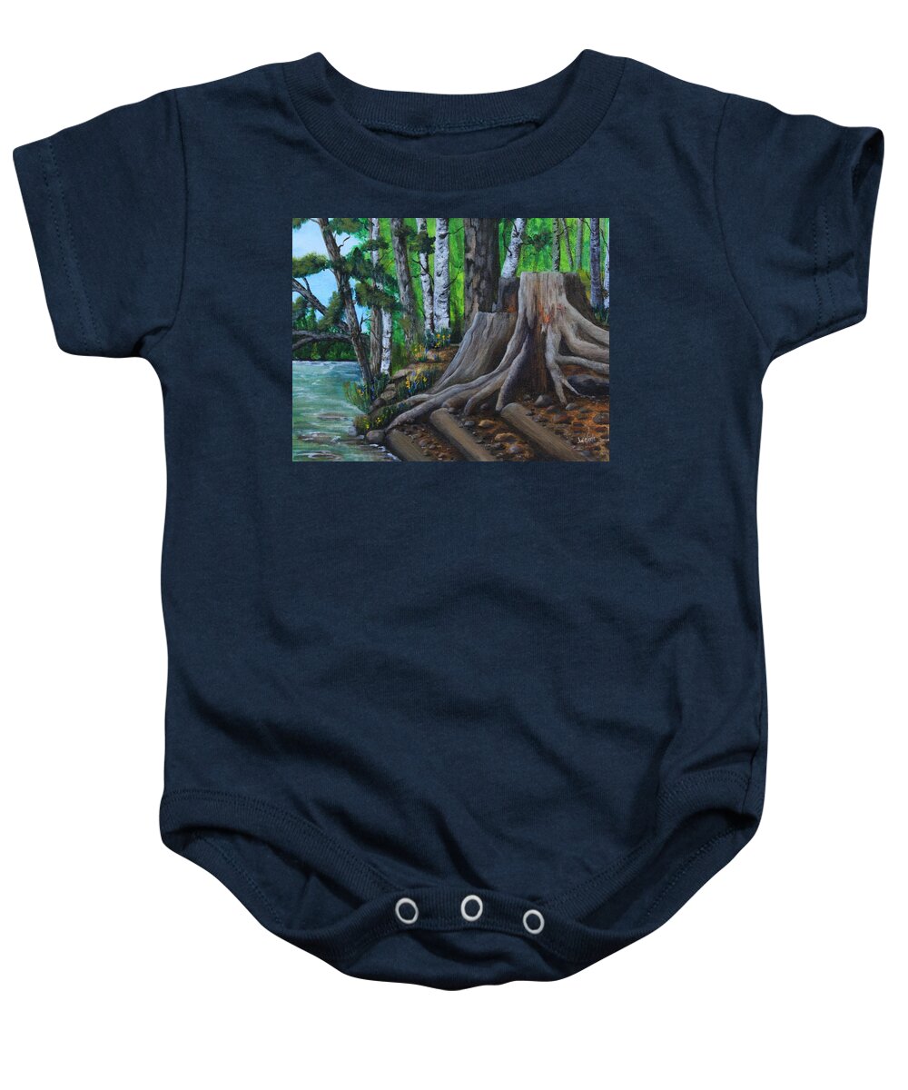 Lake 18 Baby Onesie featuring the painting Canoe Landing Lake 18 by Joi Electa