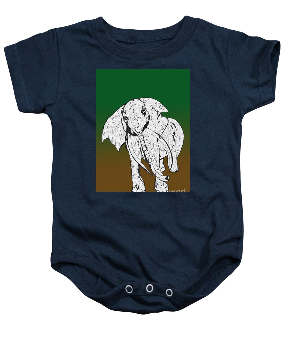 Abstract Baby Onesie featuring the drawing Inked Elephant in Green and Brown by Mary Mikawoz