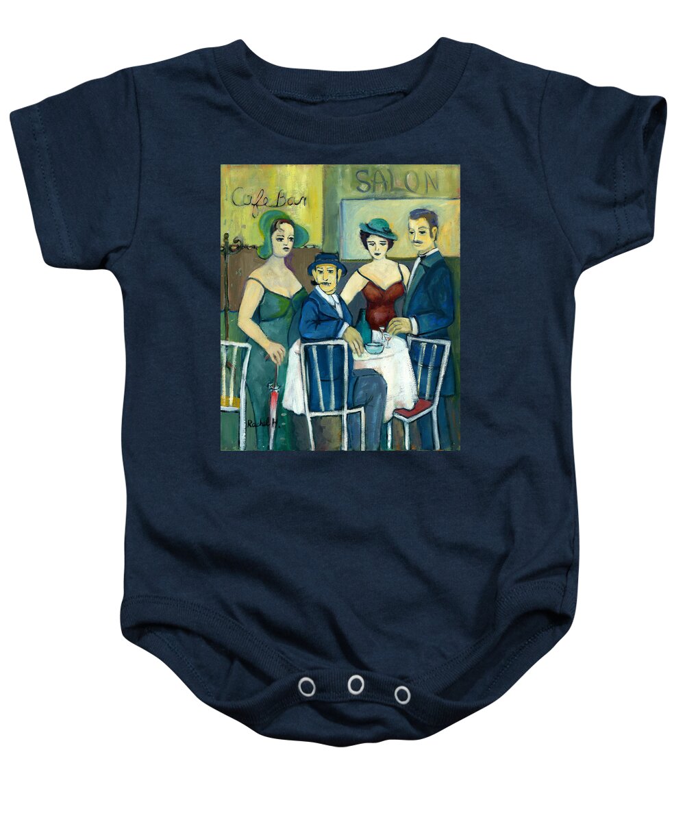  Parisian Baby Onesie featuring the painting Parisian cafe scene in blue green and brown by Rachel Hershkovitz