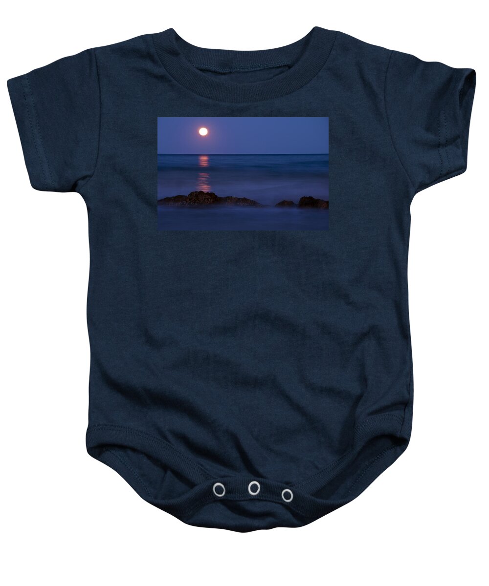 Moon Baby Onesie featuring the photograph Wells Beach Maine Moonrise by Glenn Gordon