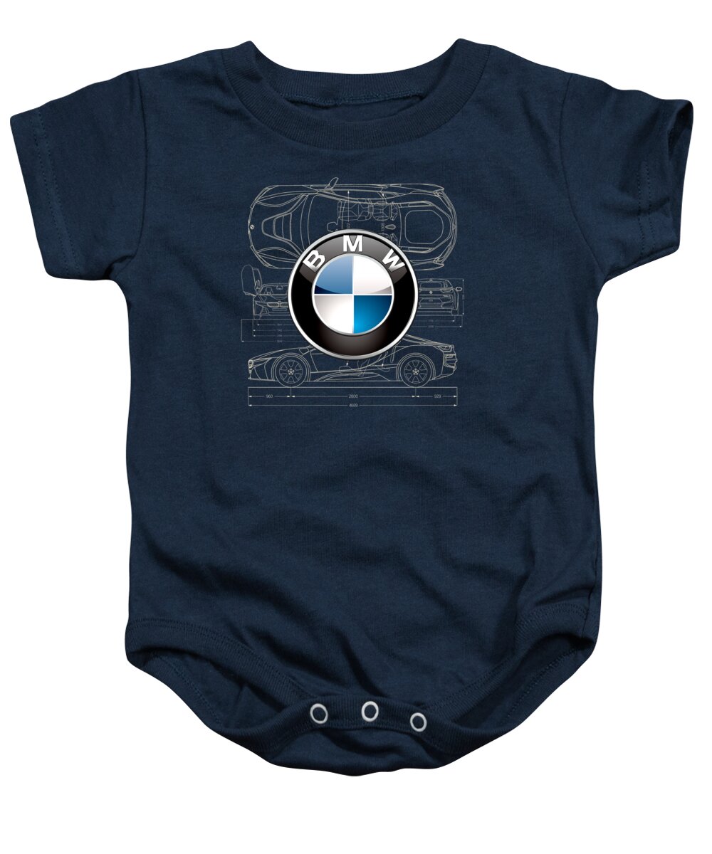 �wheels Of Fortune� By Serge Averbukh Baby Onesie featuring the photograph B M W 3 D Badge over B M W i8 Blueprint by Serge Averbukh