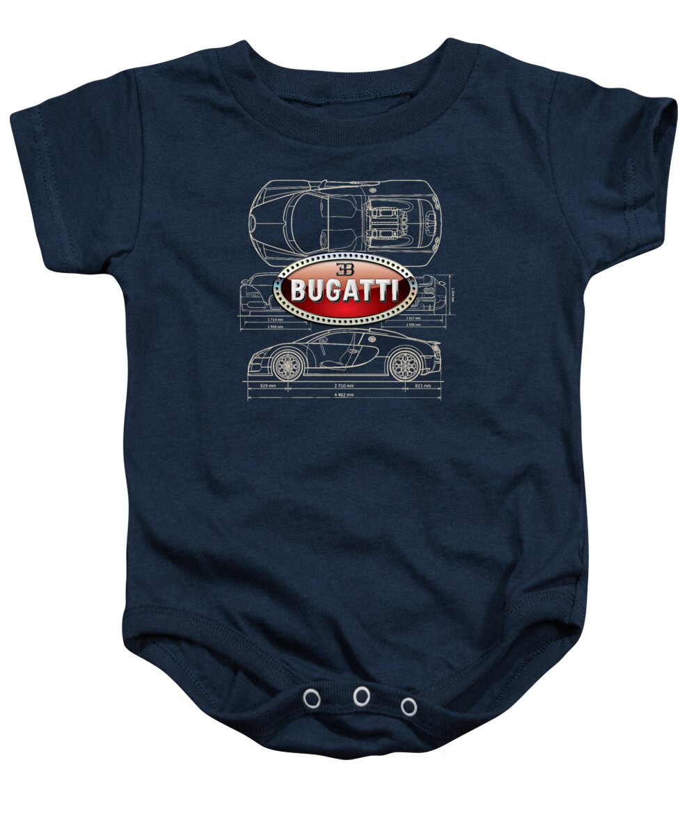 wheels Of Fortune By Serge Averbukh Baby Onesie featuring the photograph Bugatti 3 D Badge over Bugatti Veyron Grand Sport Blueprint #1 by Serge Averbukh