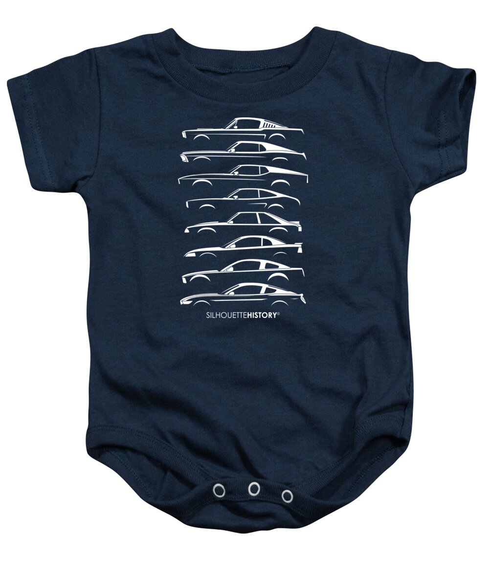 Ford Mustang Baby Onesie featuring the digital art American Stallion SilhouetteHistory White by Gabor Vida