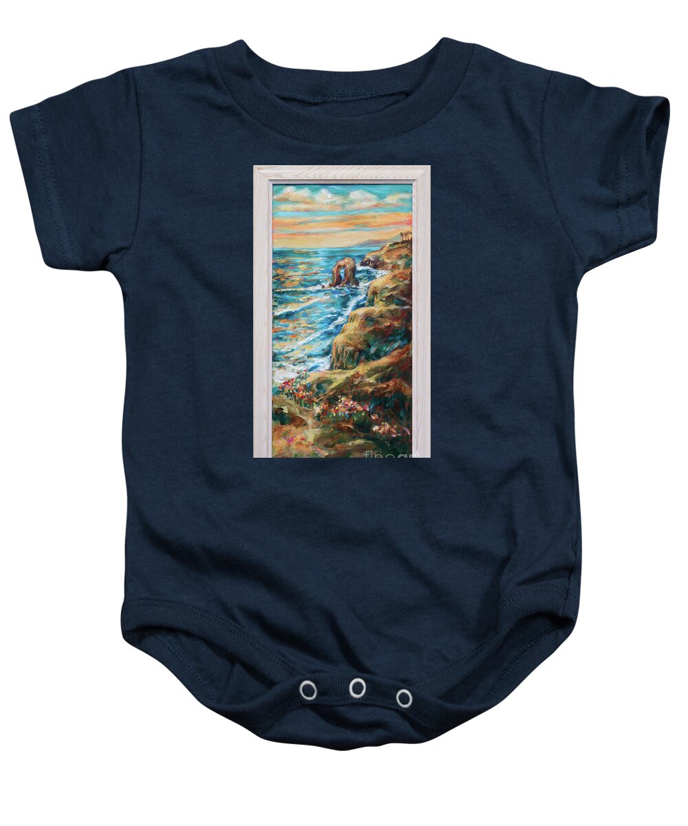 California Baby Onesie featuring the painting Sunset Cliffs #1 by Linda Olsen