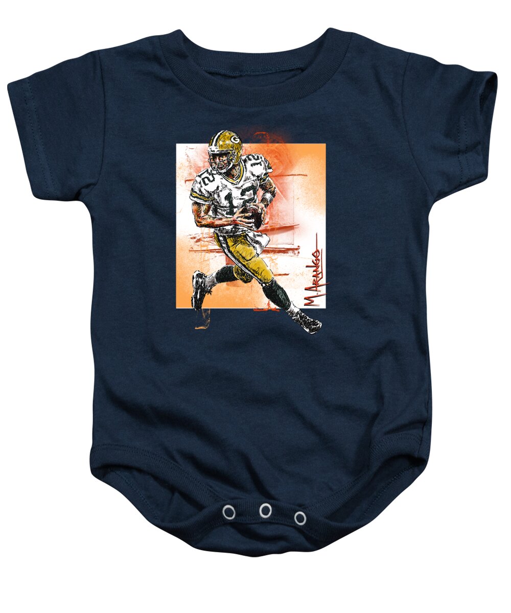 Aaron Baby Onesie featuring the drawing Aaron Rodgers Scrambles by Maria Arango