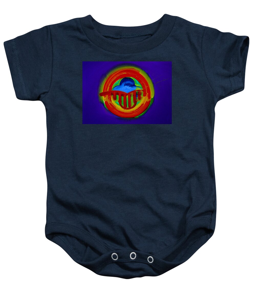 Button Baby Onesie featuring the painting American Power Button by Charles Stuart