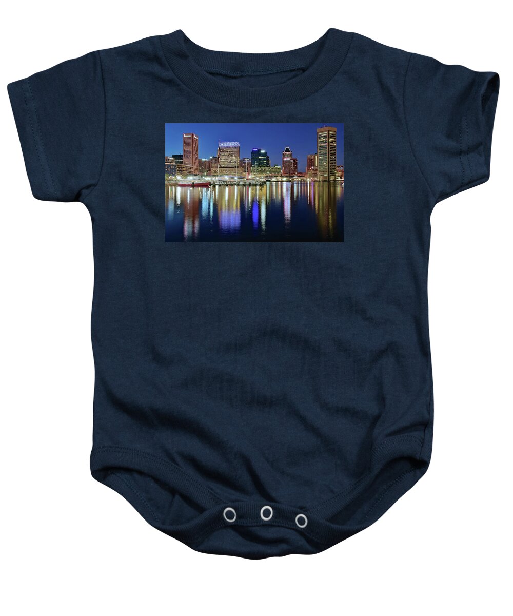 Baltimore Baby Onesie featuring the photograph Baltimore Blue Hour by Frozen in Time Fine Art Photography
