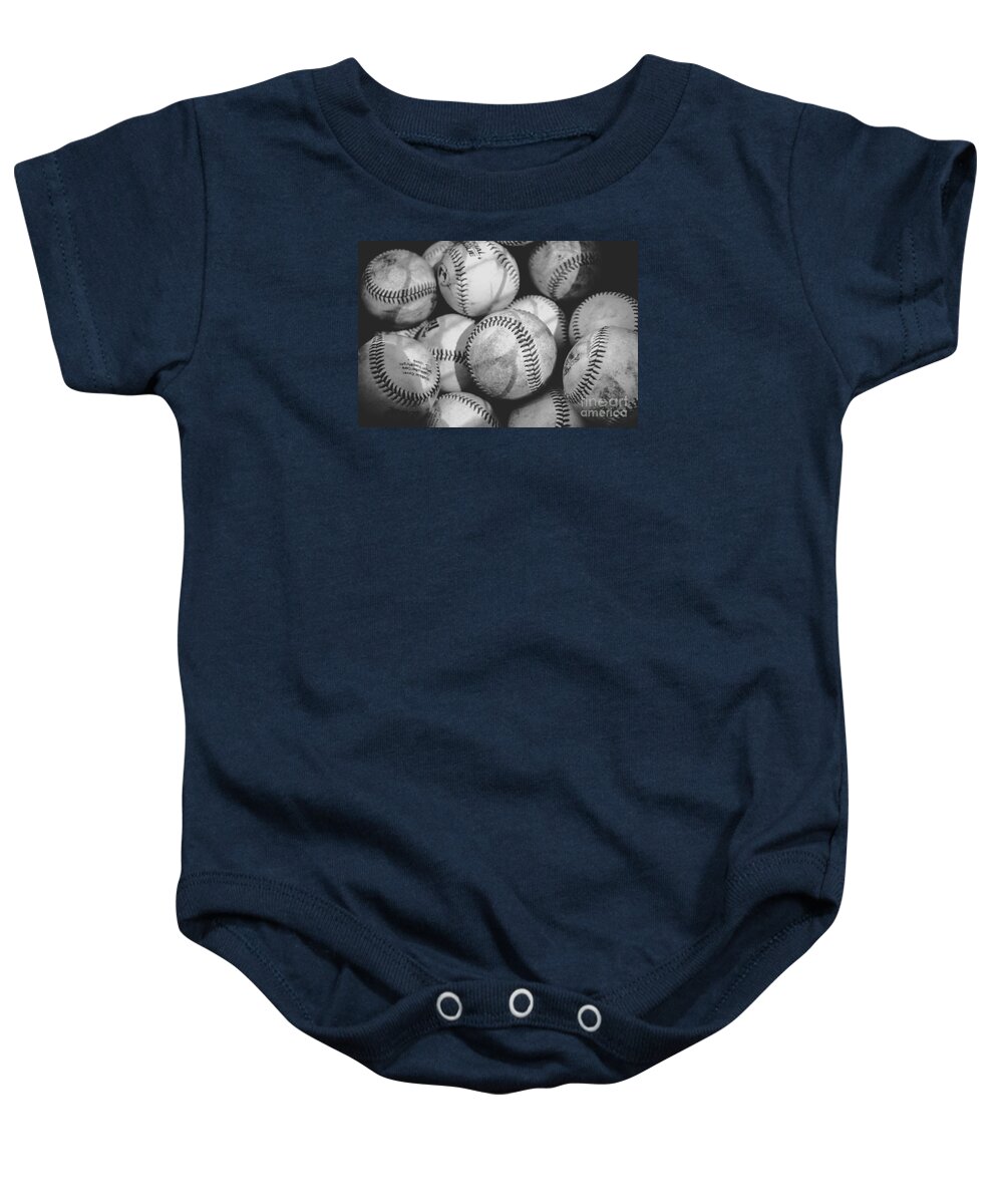 Baseball Baby Onesie featuring the photograph Baseballs in Black and White by Leah McPhail