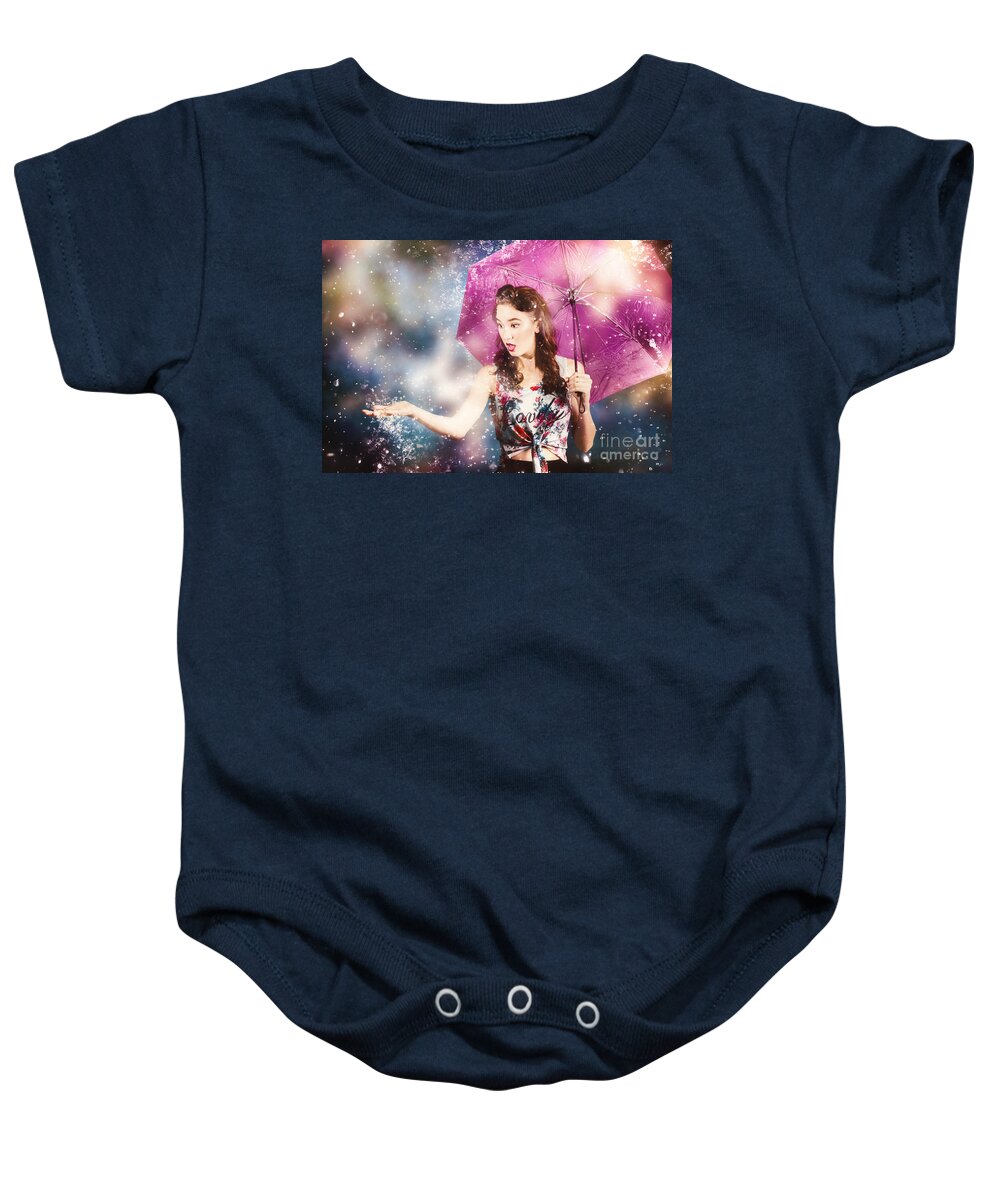 Rain Baby Onesie featuring the photograph Beautiful pin up woman catching rain water by Jorgo Photography