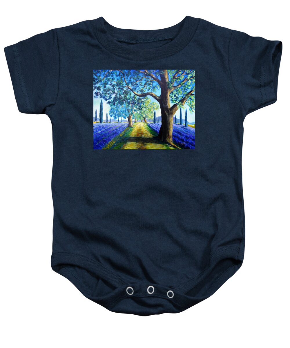 Field Baby Onesie featuring the painting Between the Lavender Fields by Cristina Stefan
